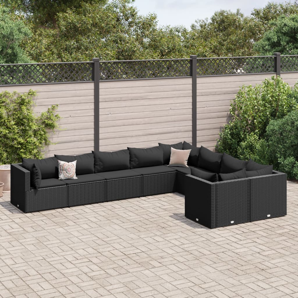 vidaXL 9-tlg. Garten-Sofagarnitur mit Kissen Schwarz Poly Rattan