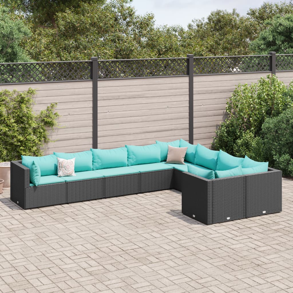 vidaXL Set mobilier de grădină cu perne, 9 piese, negru, poliratan