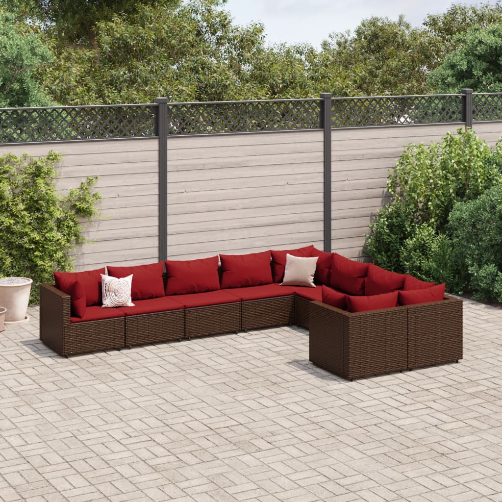 9-tlg. Garten-Sofagarnitur mit Kissen Braun Poly Rattan