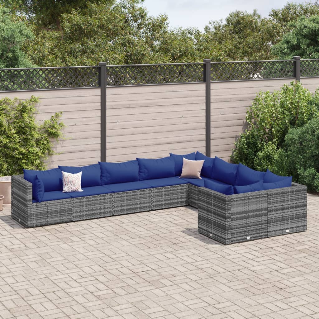 vidaXL 9-tlg. Garten-Sofagarnitur mit Kissen Grau Poly Rattan