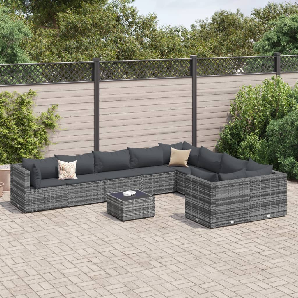 vidaXL 10-tlg. Garten-Sofagarnitur mit Kissen Grau Poly Rattan