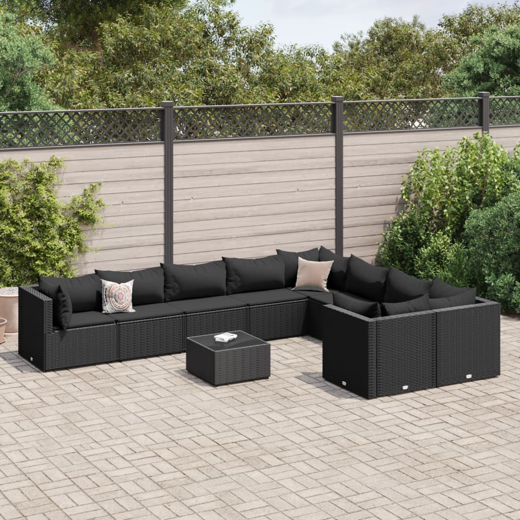 10-tlg. Garten-Sofagarnitur mit Kissen Schwarz Poly Rattan