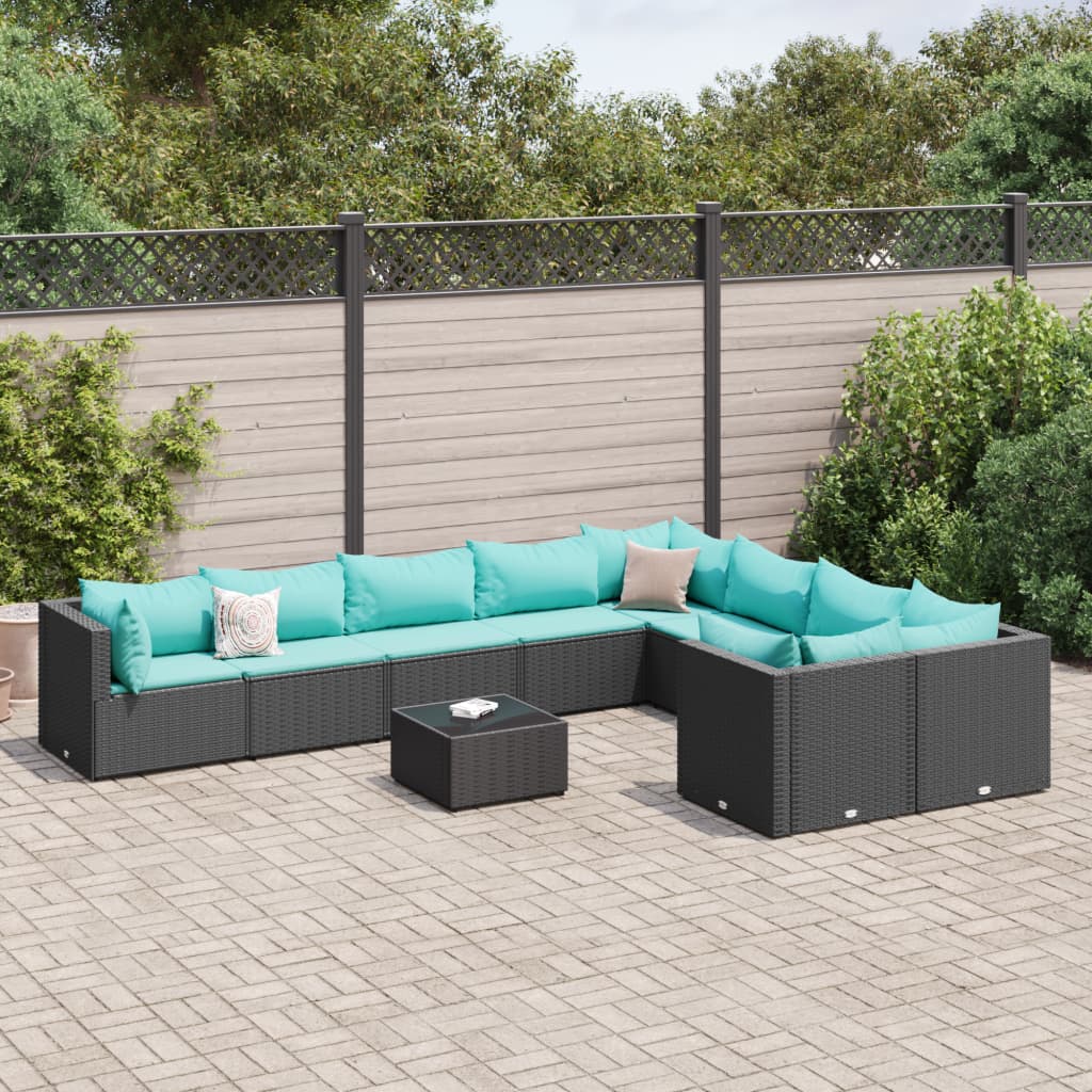 vidaXL 10-tlg. Garten-Sofagarnitur mit Kissen Schwarz Poly Rattan