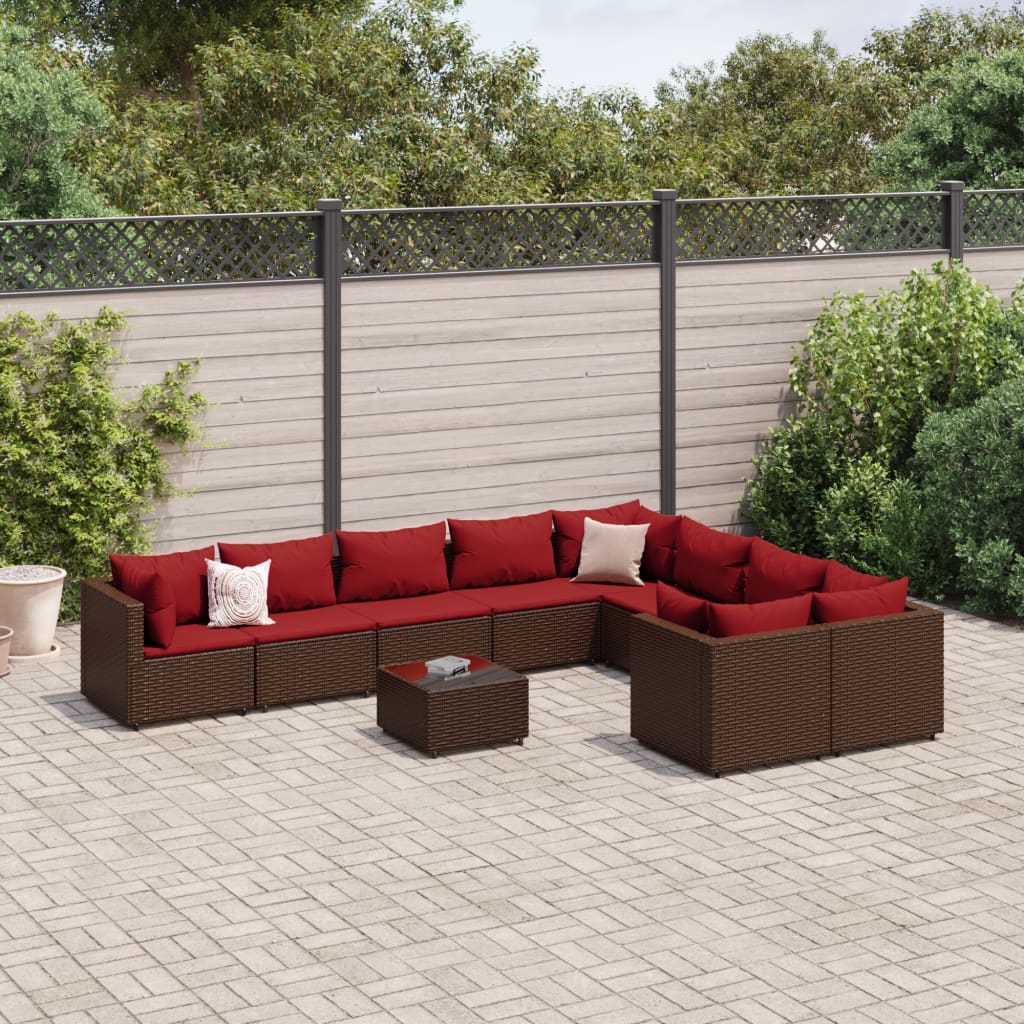 10-tlg. Garten-Sofagarnitur mit Kissen Braun Poly Rattan