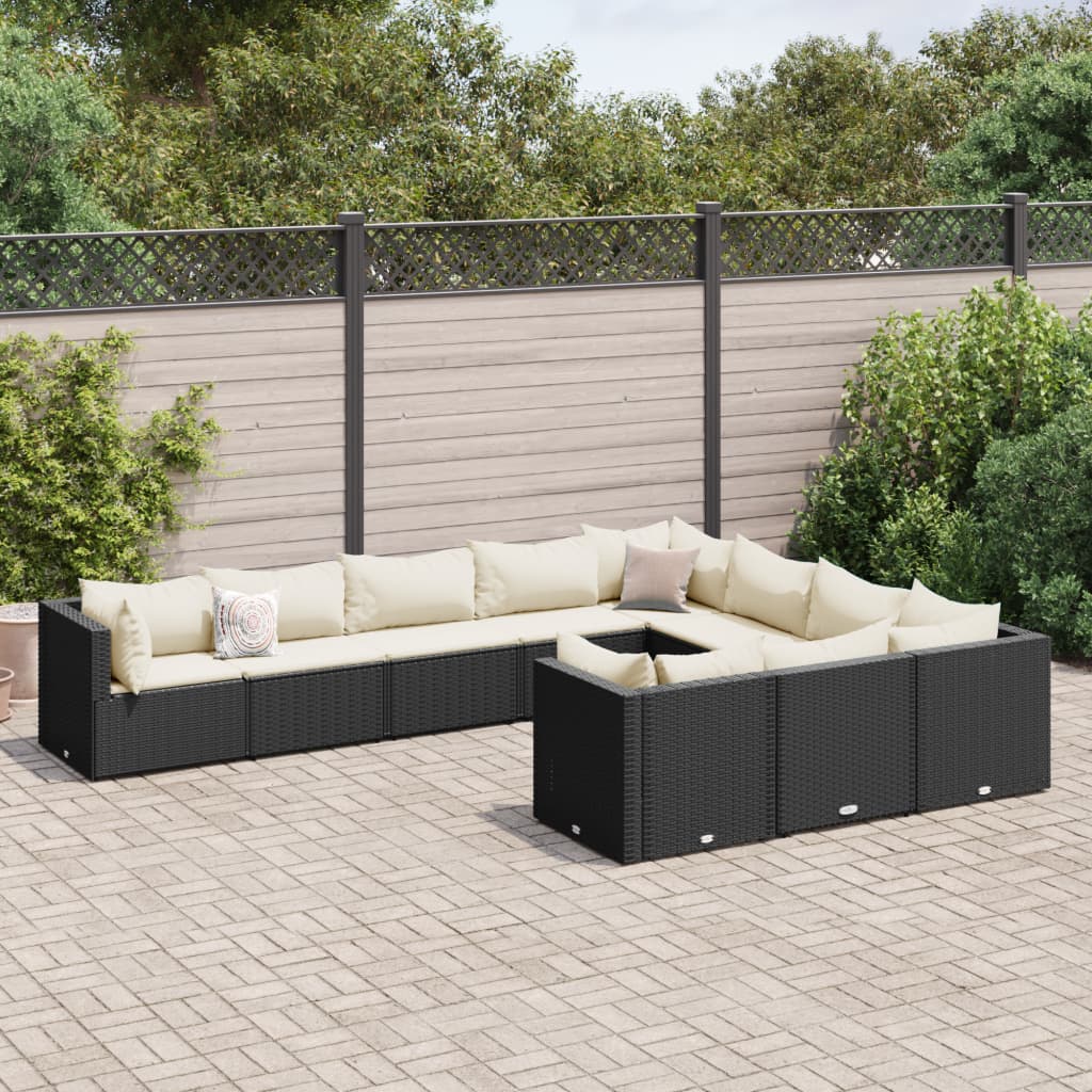 vidaXL 10-tlg. Garten-Sofagarnitur mit Kissen Schwarz Poly Rattan