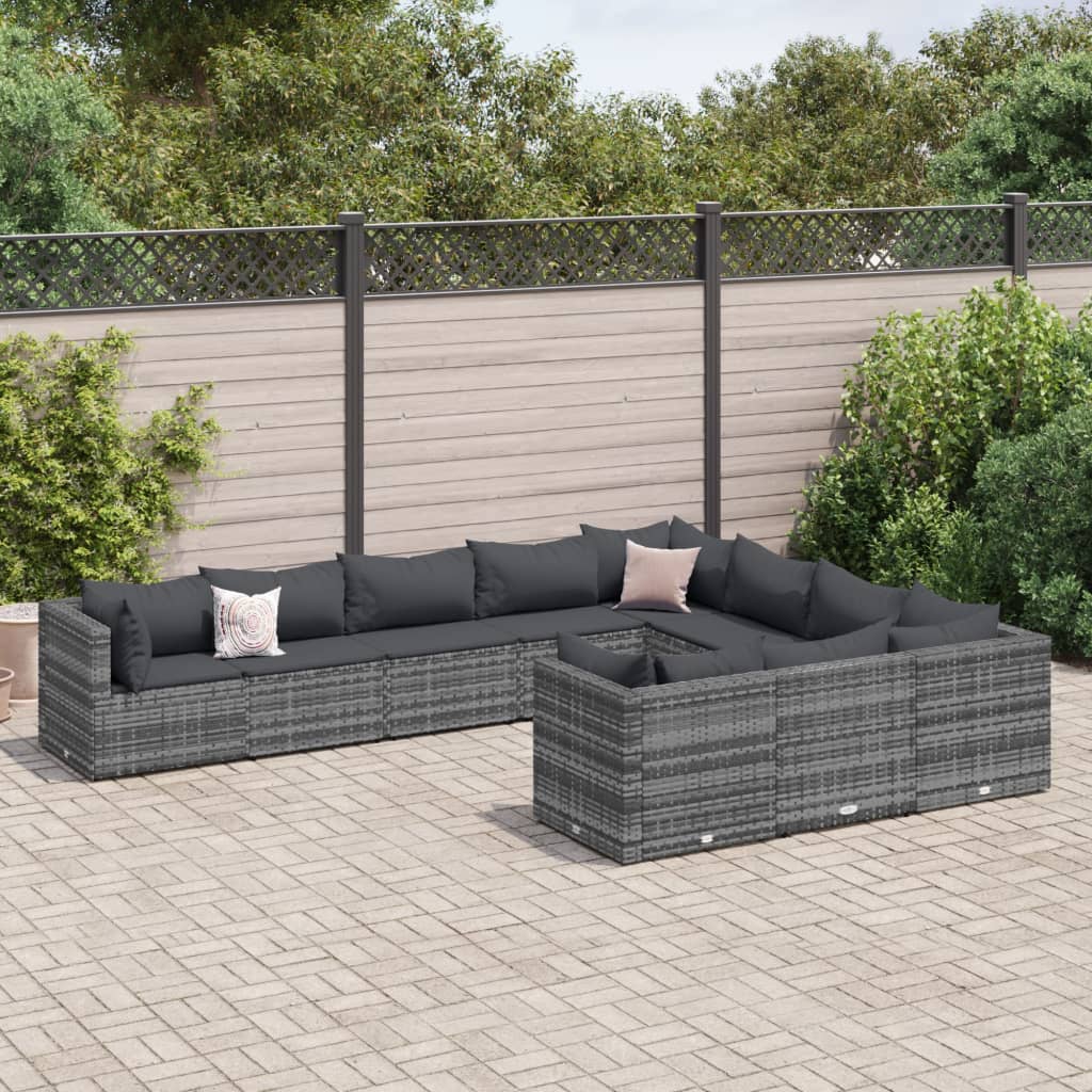 vidaXL 10-tlg. Garten-Sofagarnitur mit Kissen Grau Poly Rattan