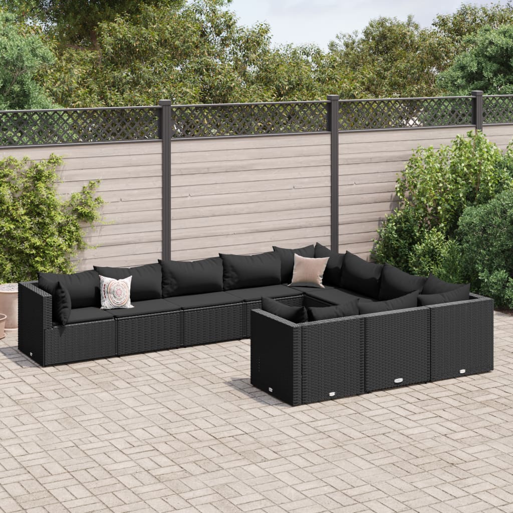 vidaXL 10-tlg. Garten-Sofagarnitur mit Kissen Schwarz Poly Rattan