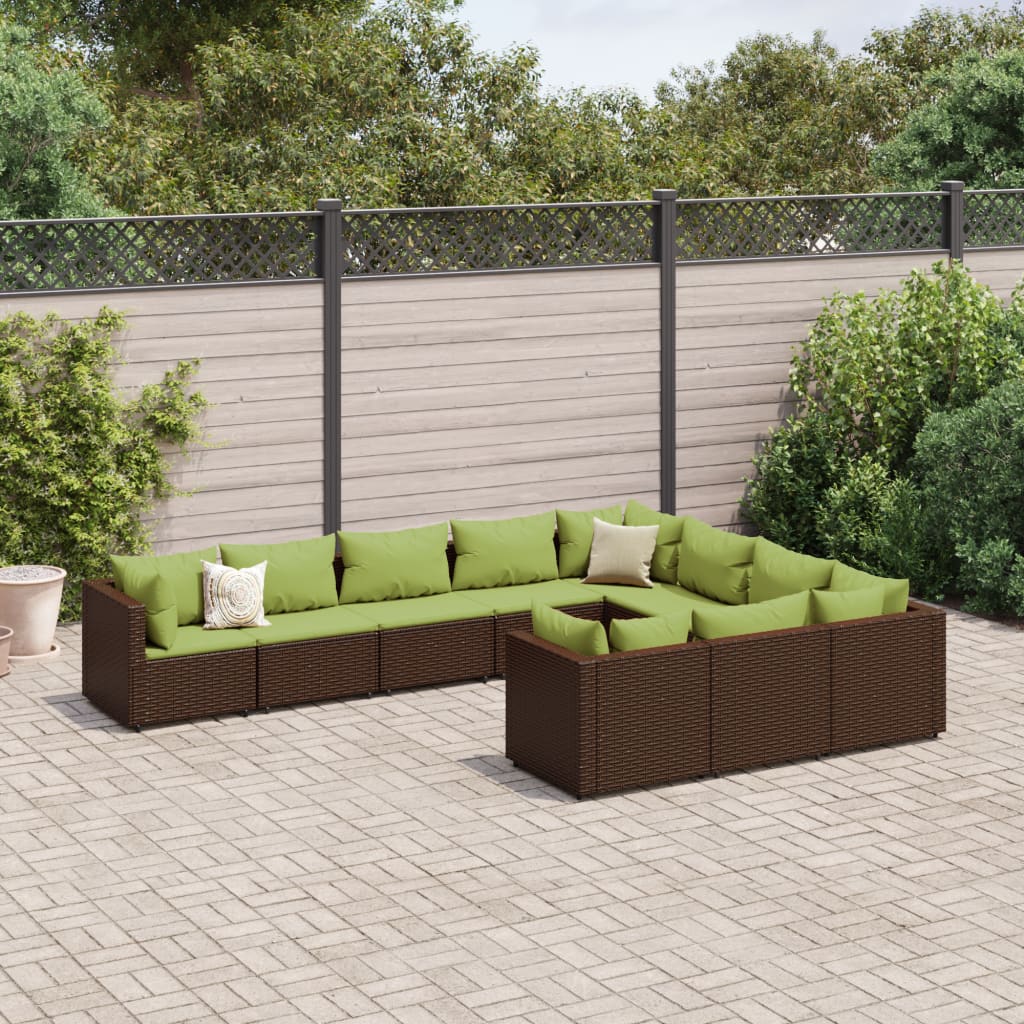 vidaXL 10-tlg. Garten-Sofagarnitur mit Kissen Braun Poly Rattan