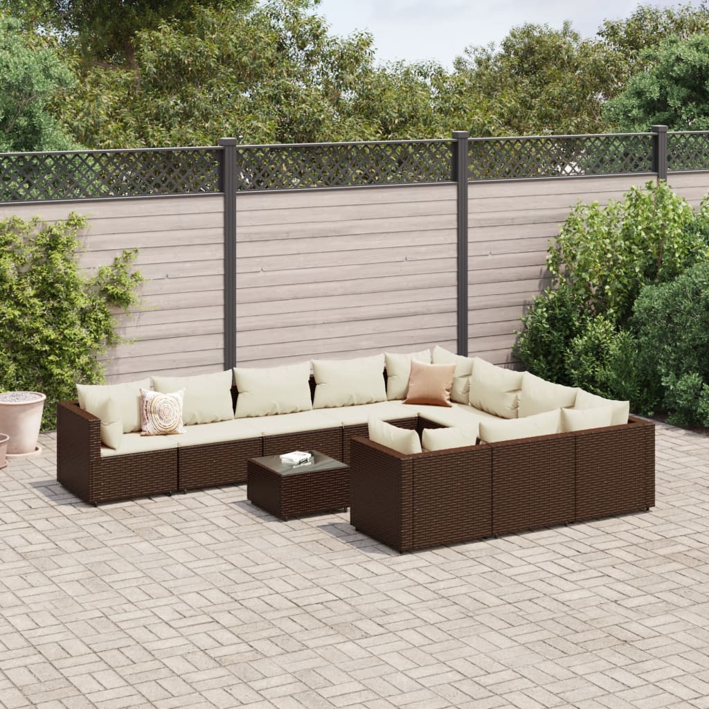 vidaXL 11-tlg. Garten-Sofagarnitur mit Kissen Braun Poly Rattan