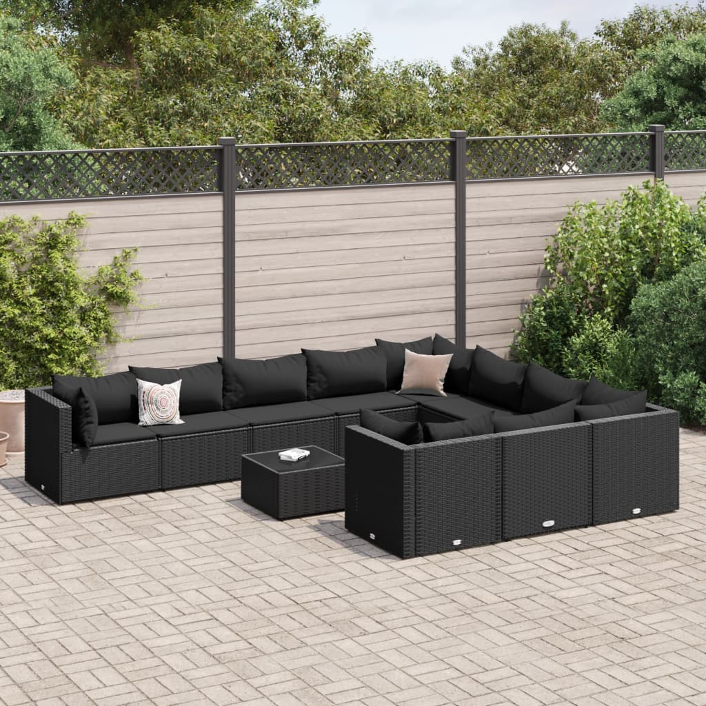 vidaXL 11-tlg. Garten-Sofagarnitur mit Kissen Schwarz Poly Rattan