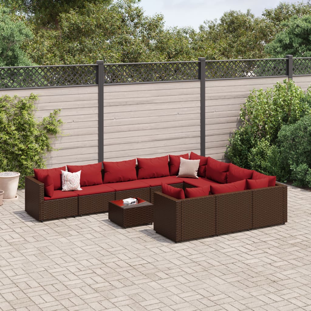 vidaXL 11-tlg. Garten-Sofagarnitur mit Kissen Braun Poly Rattan