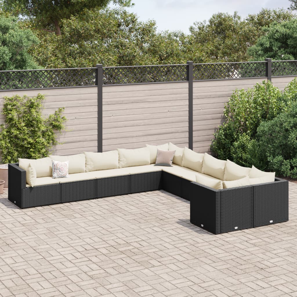 10-tlg. Garten-Sofagarnitur mit Kissen Schwarz Poly Rattan