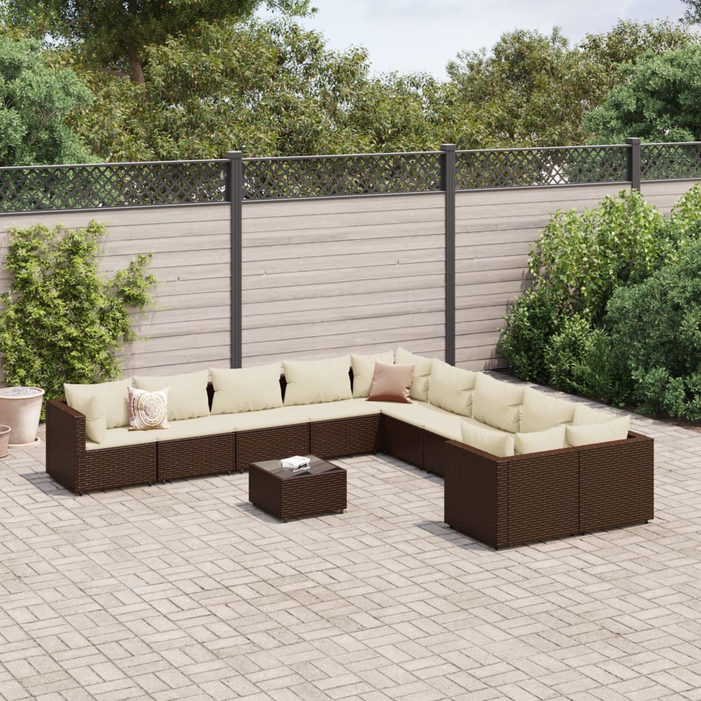 vidaXL 11-tlg. Garten-Sofagarnitur mit Kissen Braun Poly Rattan