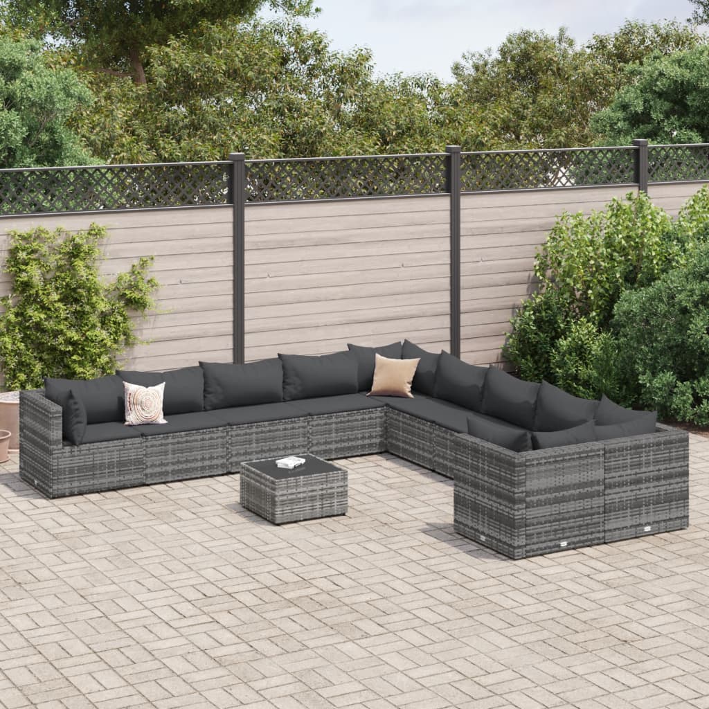 vidaXL 11-tlg. Garten-Sofagarnitur mit Kissen Grau Poly Rattan