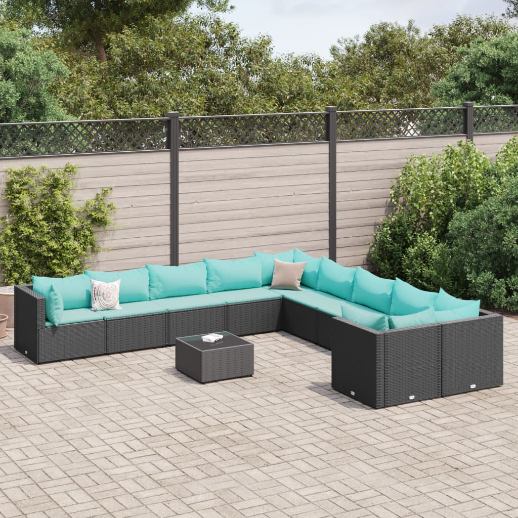 vidaXL 11-tlg. Garten-Sofagarnitur mit Kissen Schwarz Poly Rattan