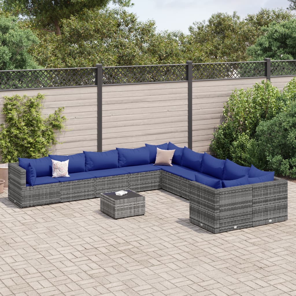 vidaXL 11-tlg. Garten-Sofagarnitur mit Kissen Grau Poly Rattan