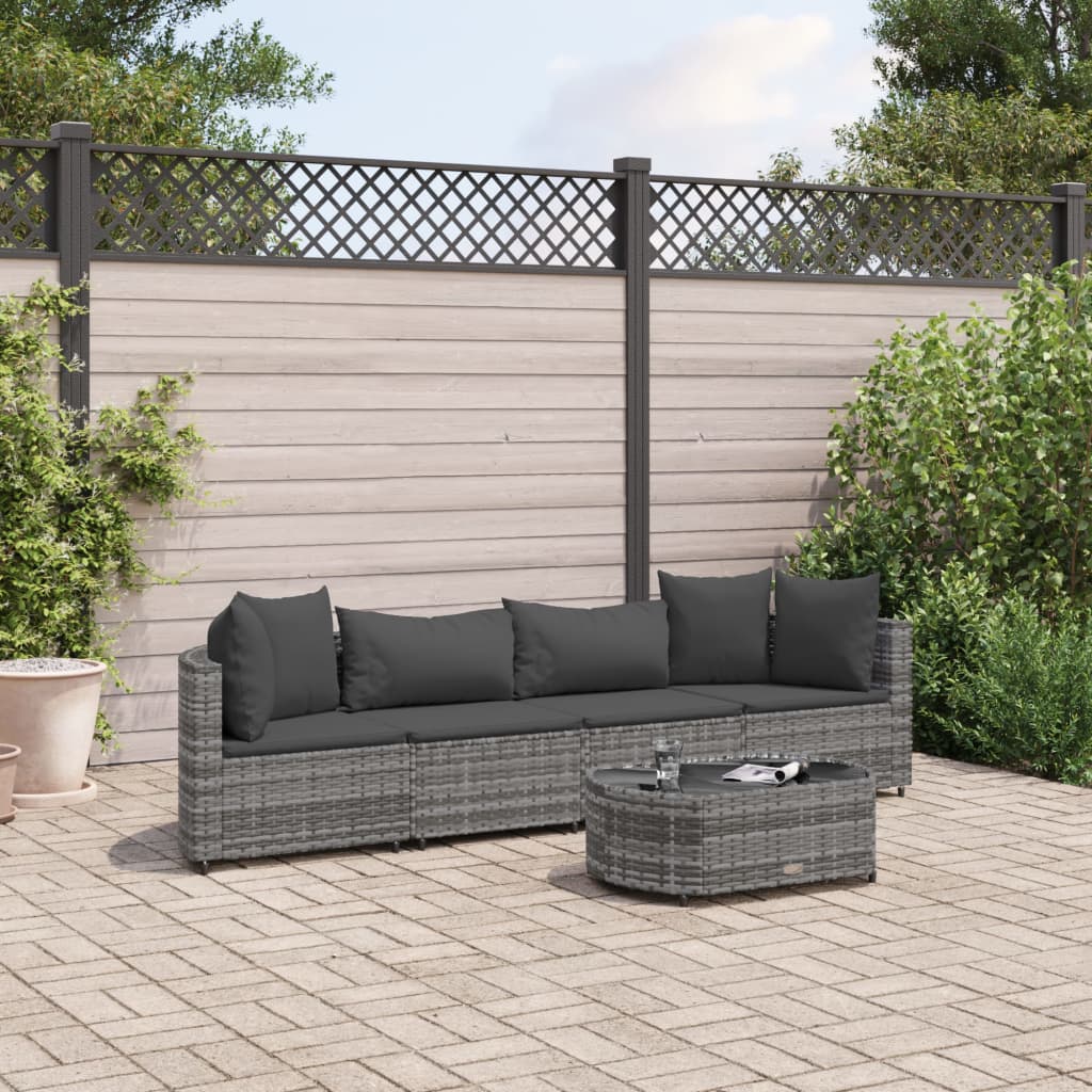 5-tlg. Garten-Sofagarnitur mit Kissen Grau Poly Rattan