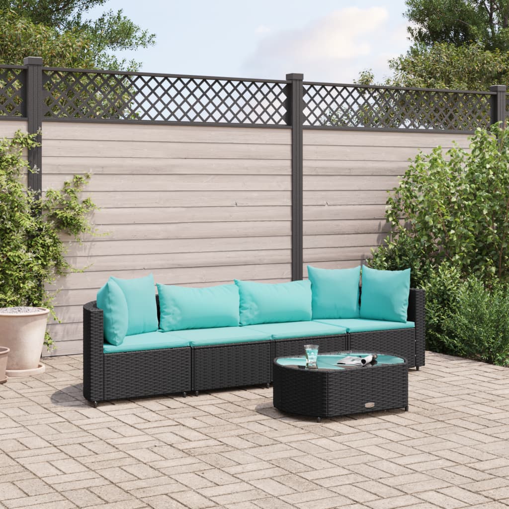 vidaXL 5-tlg. Garten-Sofagarnitur mit Kissen Schwarz Poly Rattan