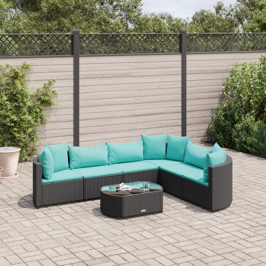 7-tlg. Garten-Sofagarnitur mit Kissen Schwarz Poly Rattan