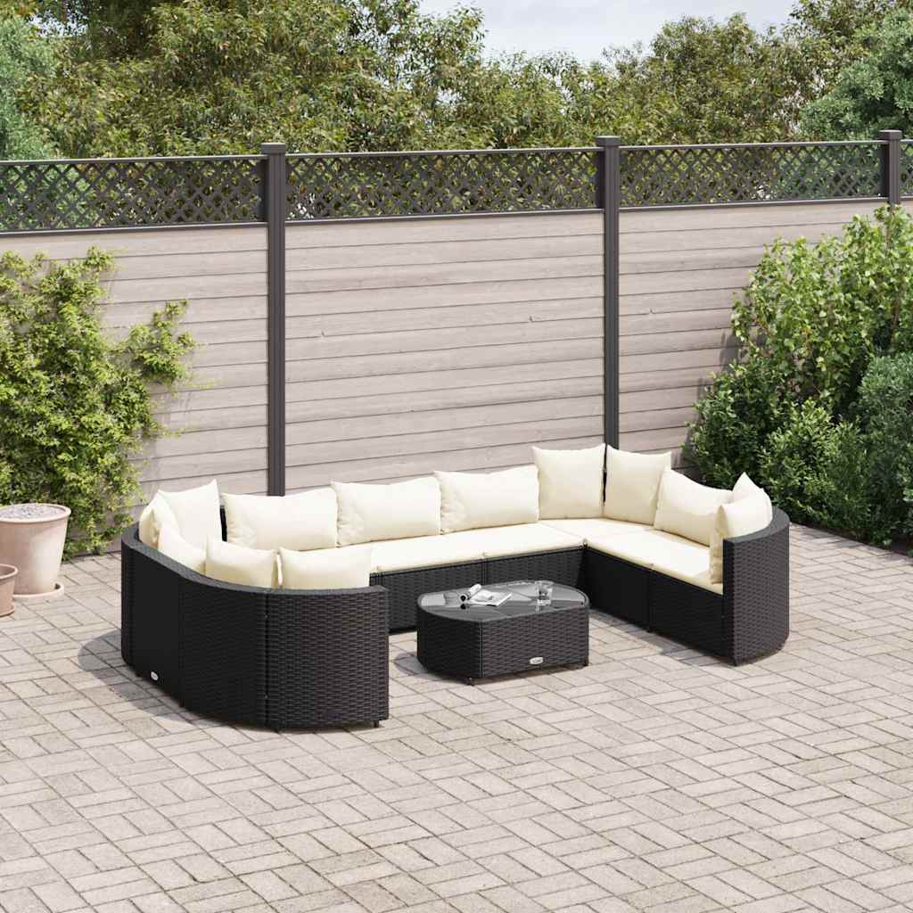 vidaXL 10-tlg. Garten-Sofagarnitur mit Kissen Schwarz Poly Rattan