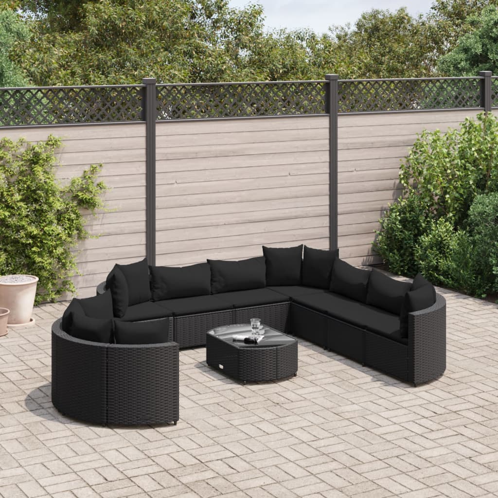 vidaXL 10-tlg. Garten-Sofagarnitur mit Kissen Schwarz Poly Rattan