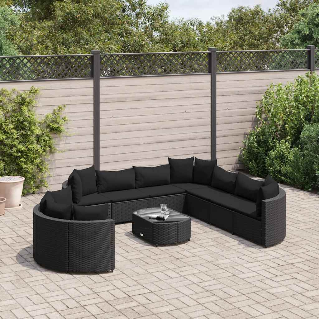 vidaXL 10-tlg. Garten-Sofagarnitur mit Kissen Schwarz Poly Rattan