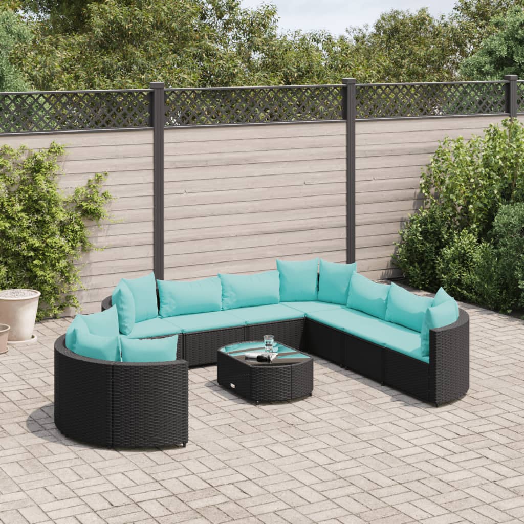 vidaXL 10-tlg. Garten-Sofagarnitur mit Kissen Schwarz Poly Rattan