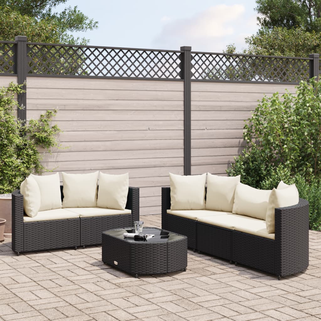 6-tlg. Garten-Sofagarnitur mit Kissen Schwarz Poly Rattan