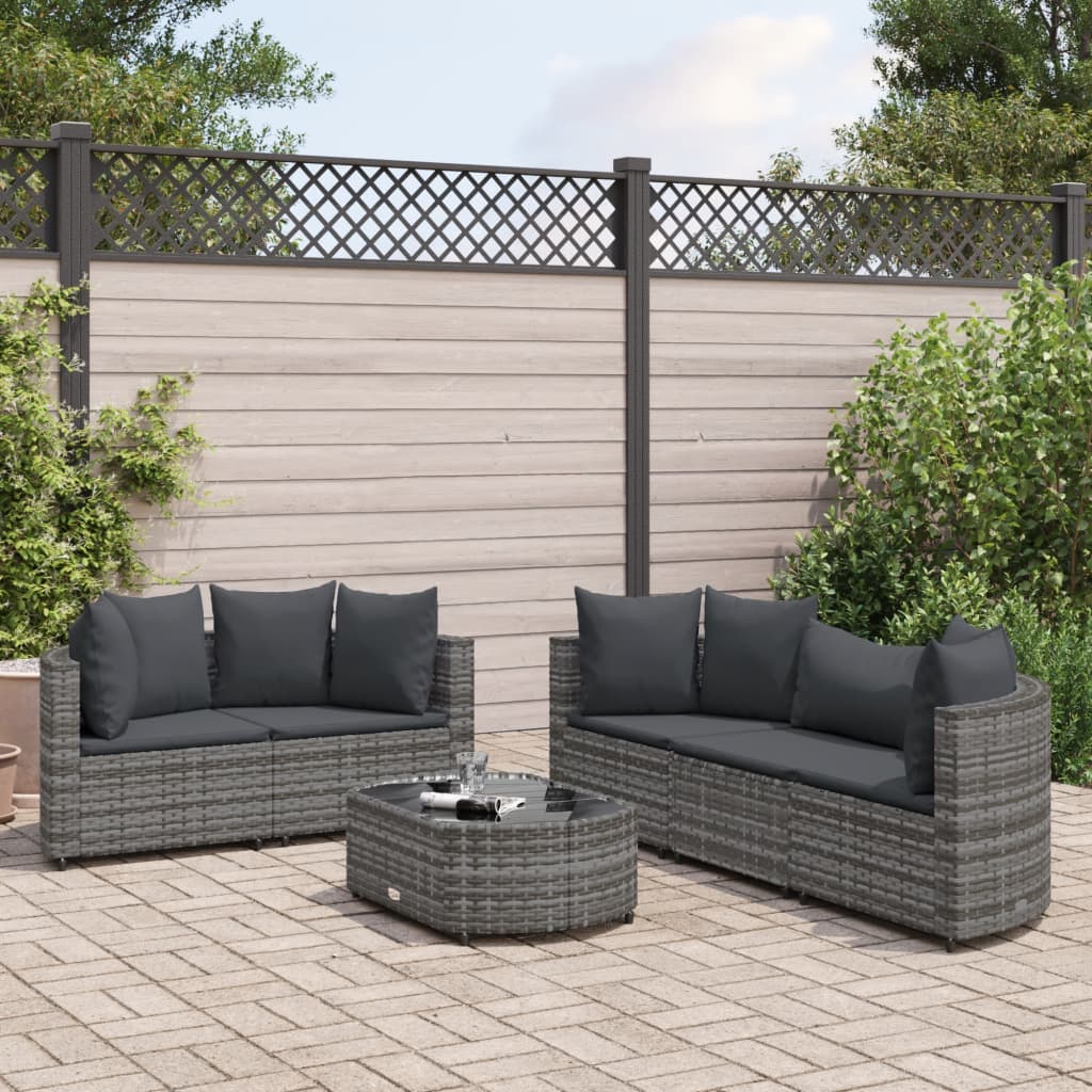 vidaXL 6-tlg. Garten-Sofagarnitur mit Kissen Grau Poly Rattan