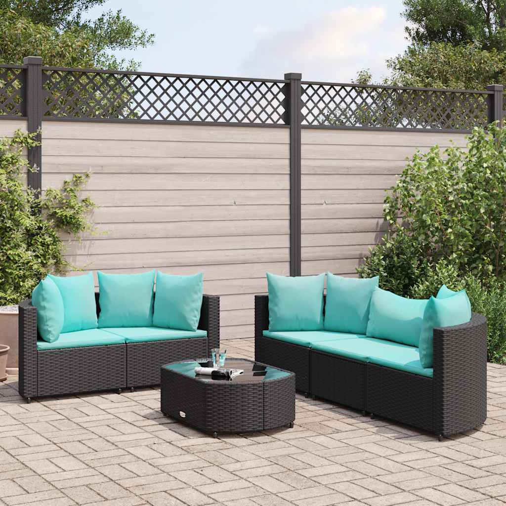 vidaXL 6-tlg. Garten-Sofagarnitur mit Kissen Schwarz Poly Rattan