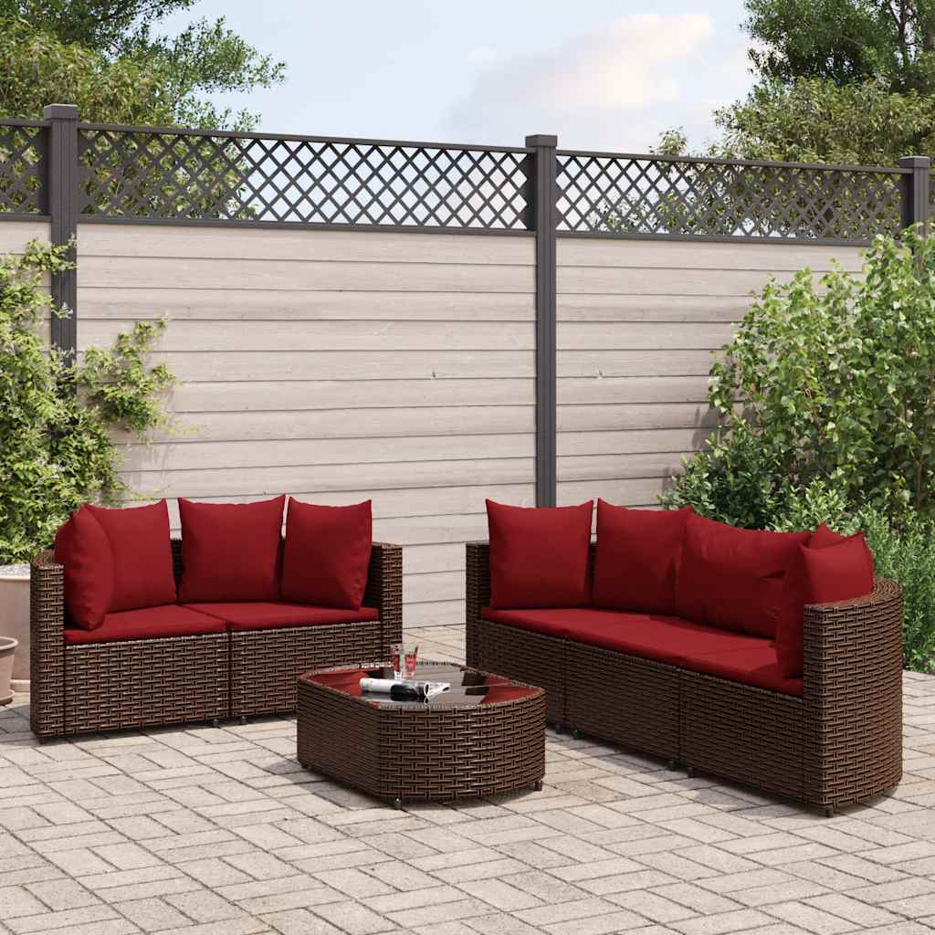 vidaXL 6-tlg. Garten-Sofagarnitur mit Kissen Braun Poly Rattan