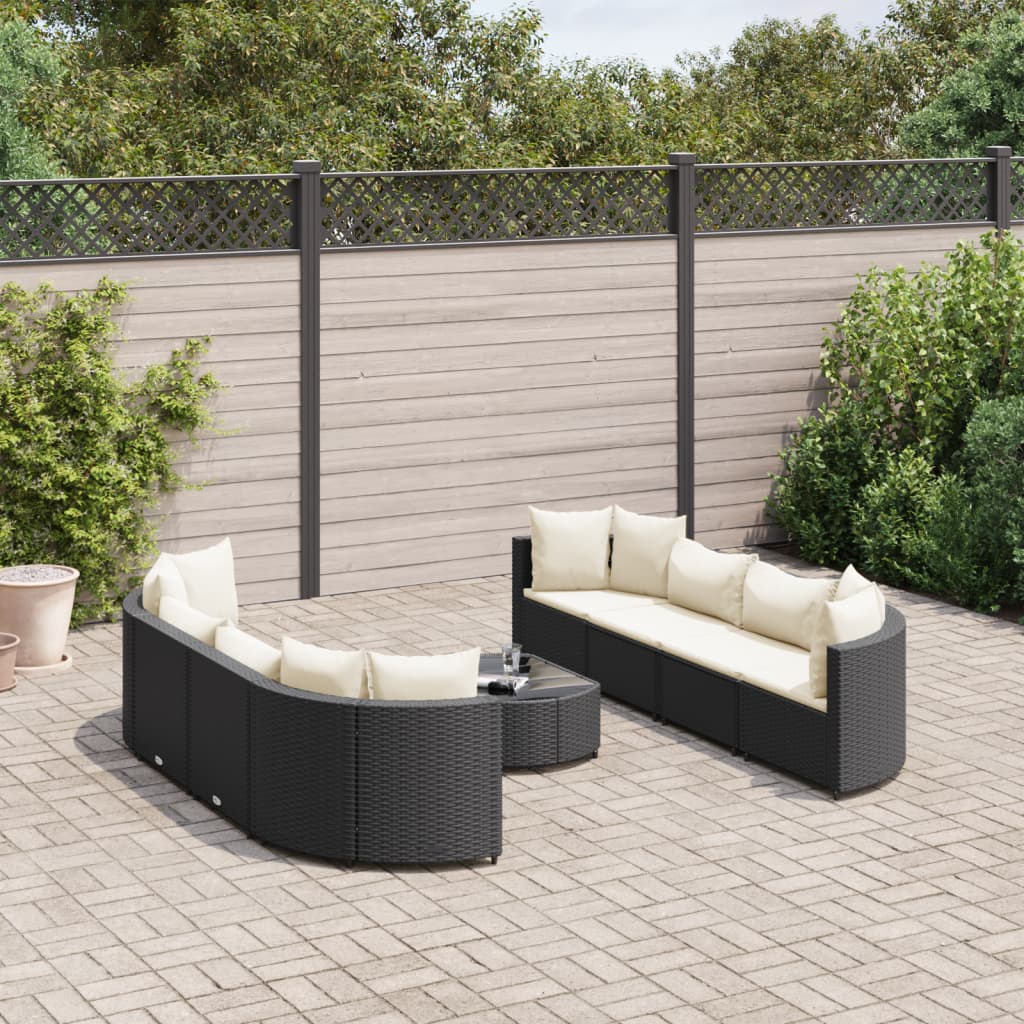 9-tlg. Garten-Sofagarnitur mit Kissen Schwarz Poly Rattan