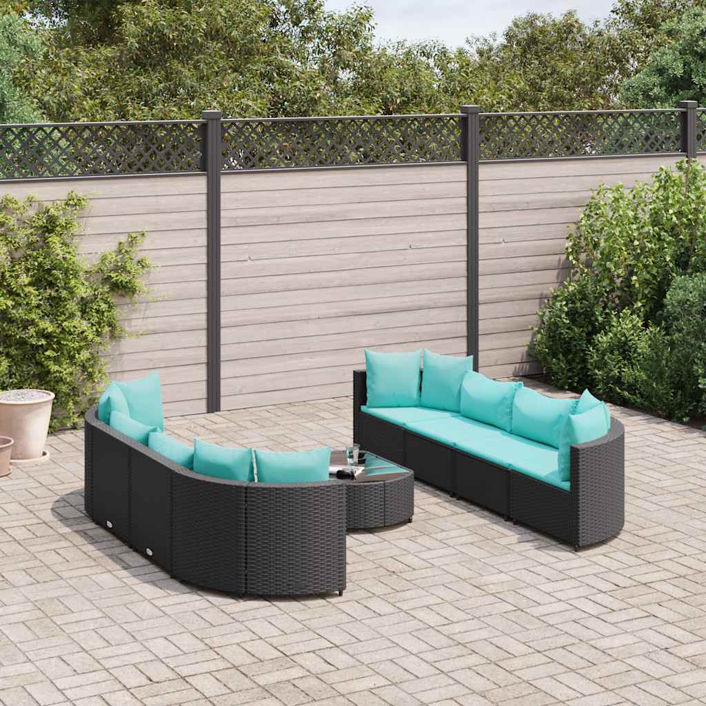 vidaXL 9-tlg. Garten-Sofagarnitur mit Kissen Schwarz Poly Rattan