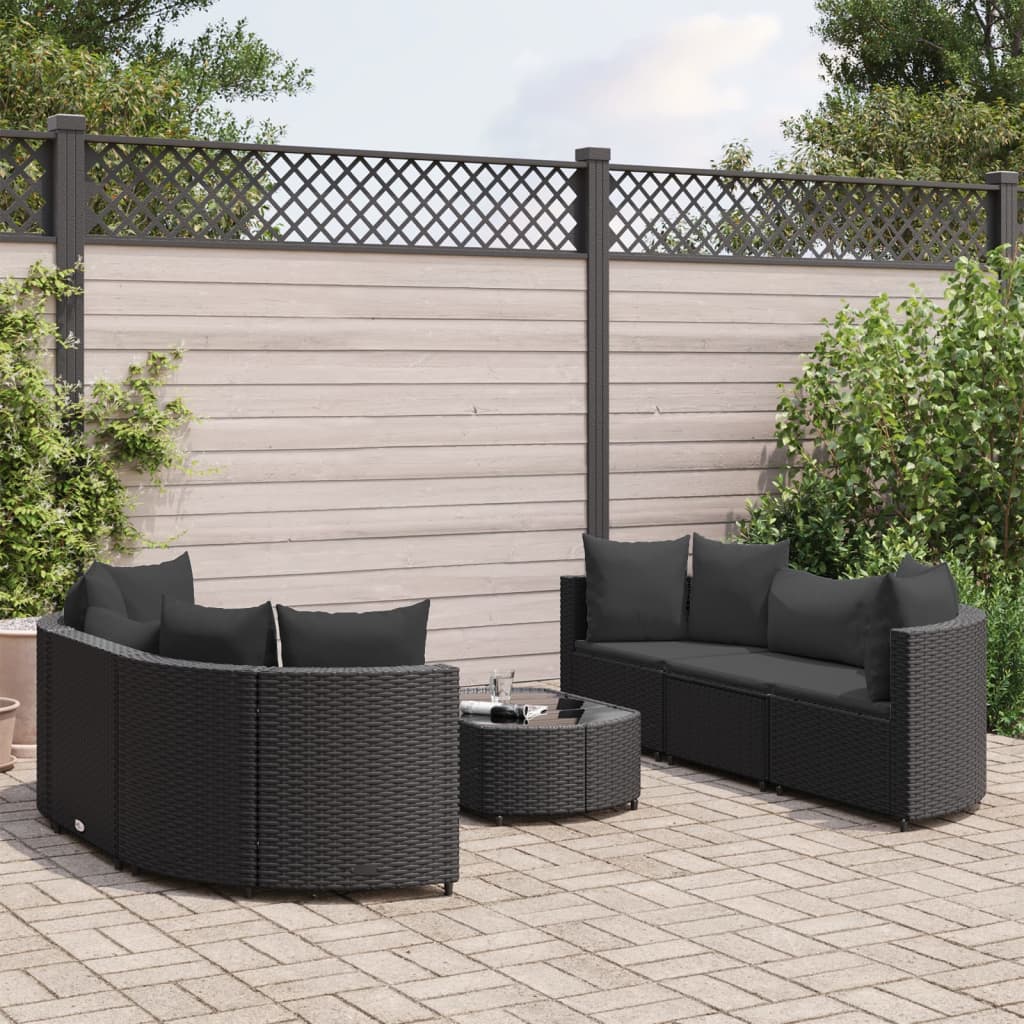 vidaXL 7-tlg. Garten-Sofagarnitur mit Kissen Schwarz Poly Rattan