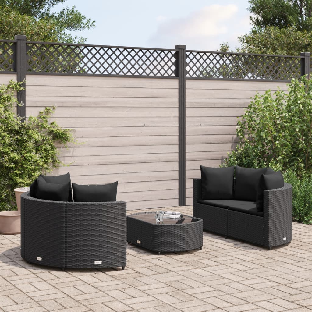 5-tlg. Garten-Sofagarnitur mit Kissen Schwarz Poly Rattan