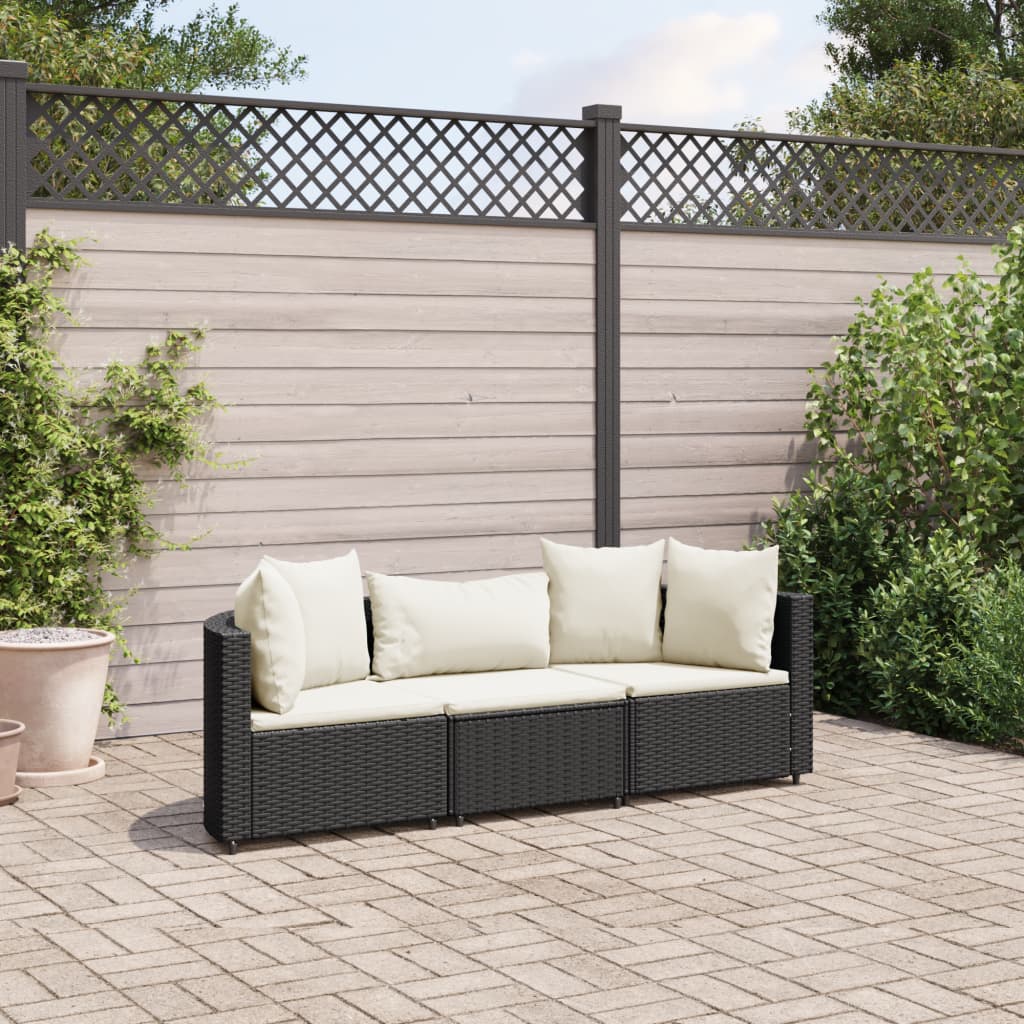 vidaXL 3-tlg. Garten-Sofagarnitur mit Kissen Schwarz Poly Rattan