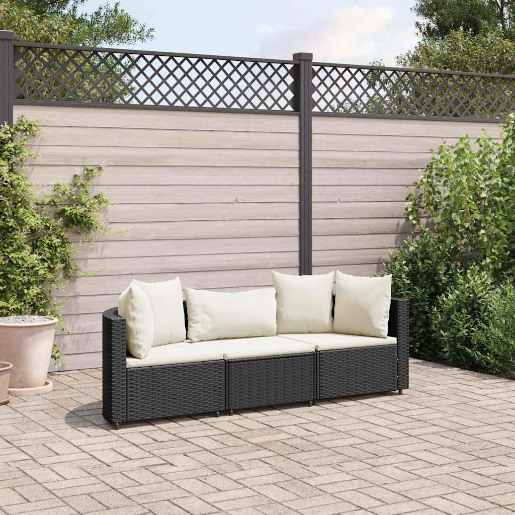 vidaXL 3-tlg. Garten-Sofagarnitur mit Kissen Schwarz Poly Rattan