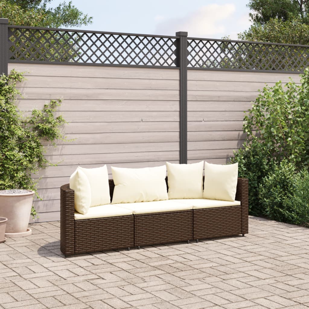 3-tlg. Garten-Sofagarnitur mit Kissen Braun Poly Rattan