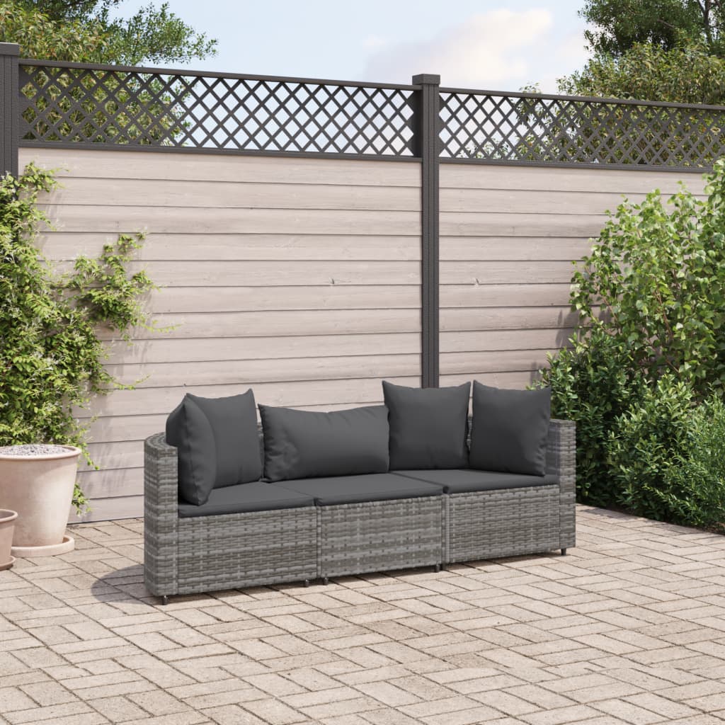 3-tlg. Garten-Sofagarnitur mit Kissen Grau Poly Rattan