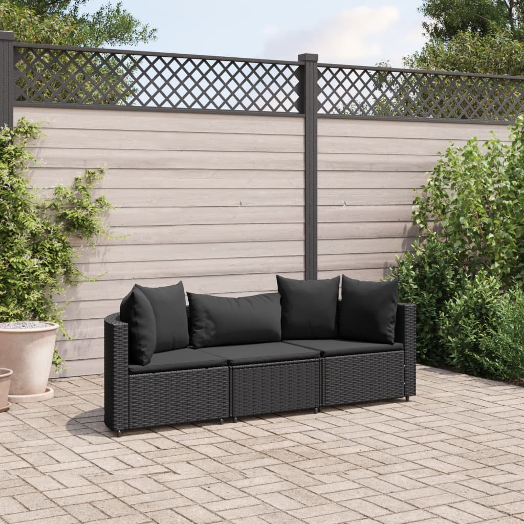 vidaXL 3-tlg. Garten-Sofagarnitur mit Kissen Schwarz Poly Rattan