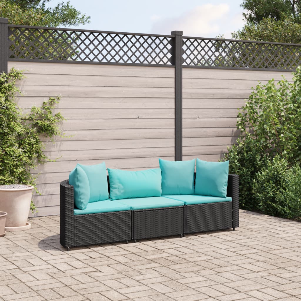 vidaXL 3-tlg. Garten-Sofagarnitur mit Kissen Schwarz Poly Rattan