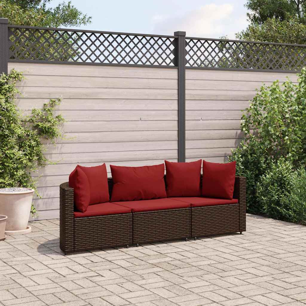 vidaXL 3-tlg. Garten-Sofagarnitur mit Kissen Braun Poly Rattan