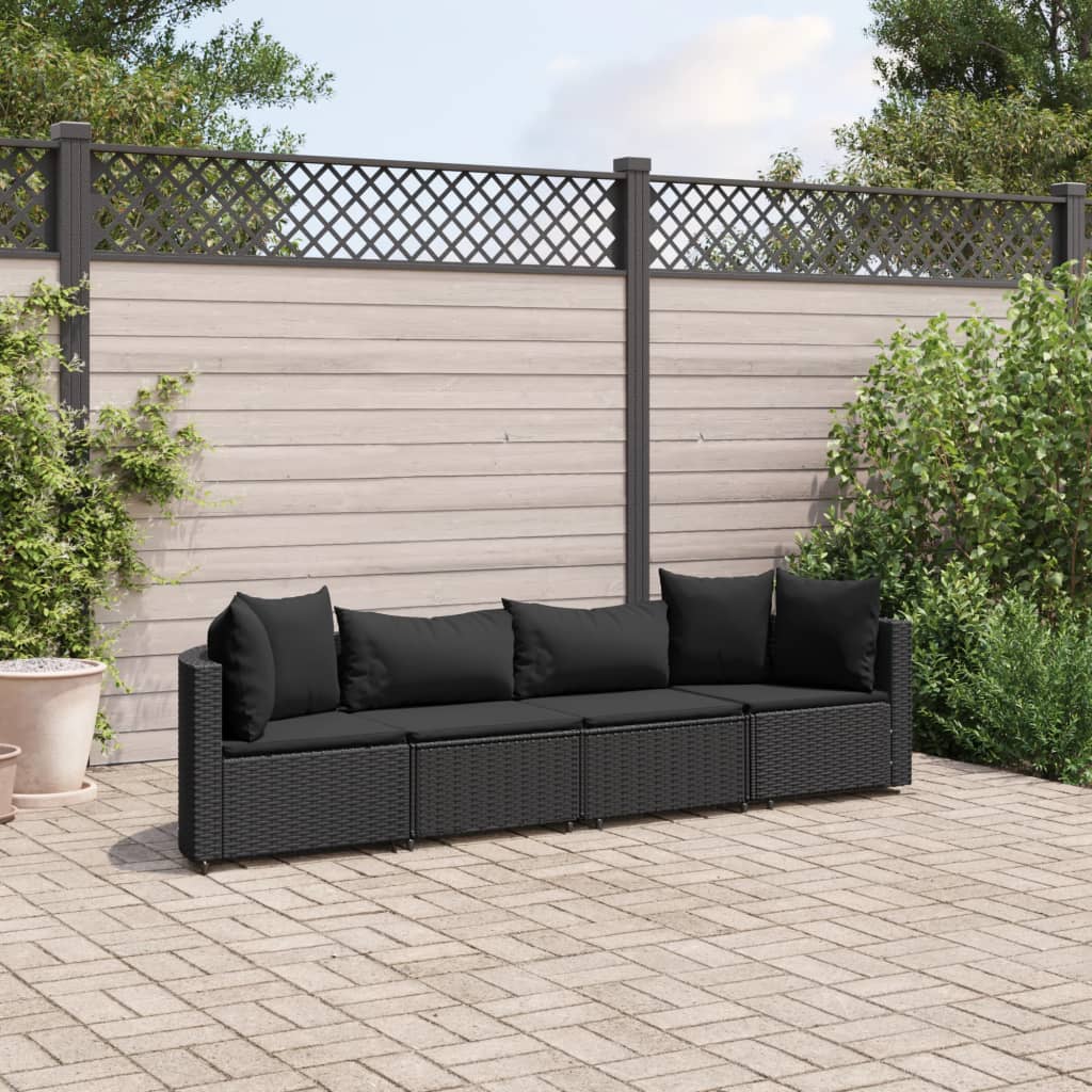 vidaXL 4-tlg. Garten-Sofagarnitur mit Kissen Schwarz Poly Rattan