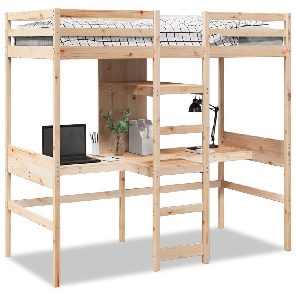 Hochbett mit Schreibtisch & Ablagen 90×200 cm Massivholz Kiefer