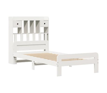 vidaXL Pat cu bibliotecă fără saltea, alb, 100x200 cm, lemn masiv pin
