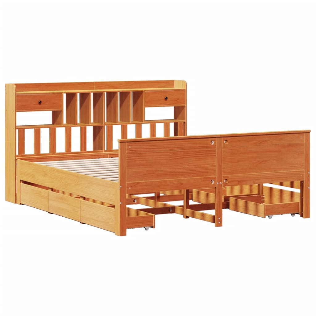 vidaXL Bed met boekenkast zonder matras grenenhout wasbruin 200x200 cm afbeelding