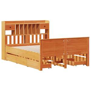 vidaXL Seng med bokhylle uten madrass voksbrun 140x200 cm heltre furu