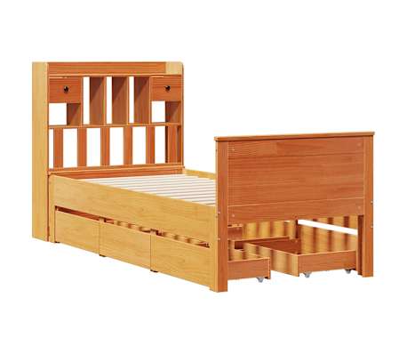 vidaXL barna t&ouml;m&ouml;r fenyőfa k&ouml;nyvespolcos &aacute;gy matrac n&eacute;lk&uuml;l 90 x 200 cm