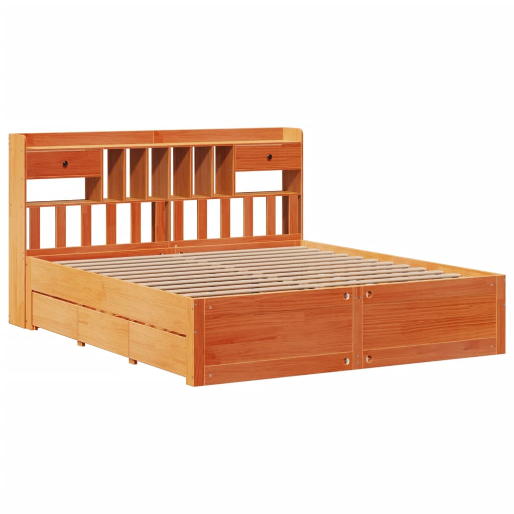 vidaXL Bed met boekenkast zonder matras grenenhout wasbruin 200x200 cm afbeelding