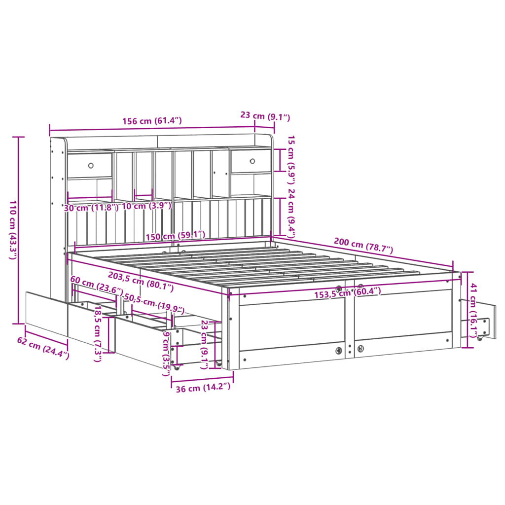 Postel s knihovnou bez matrace 150 x 200 cm masivní borovice - obrázek 15